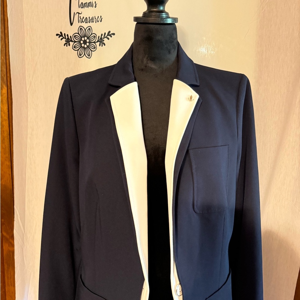 Women’s Navy Blue Open Front Blazer with Cream Shawl Collar  -  Size 12